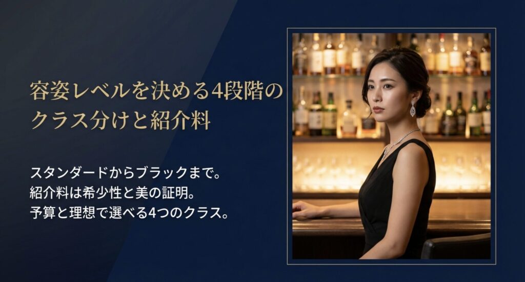 スタンダードからブラックまでの4つのクラスがあり、紹介料が希少性と美の証明として予算に合わせて選べることを解説する図。