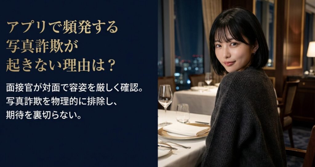 meeets（ミーツ）で写真詐欺が起きない理由。面接官が対面で容姿を厳しく確認し、写真詐欺を物理的に排除。