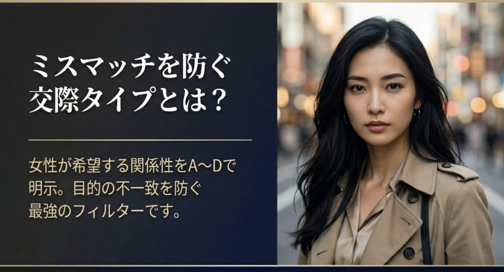 女性が希望する関係性をAからDで明示し目的の不一致を防ぐフィルター機能