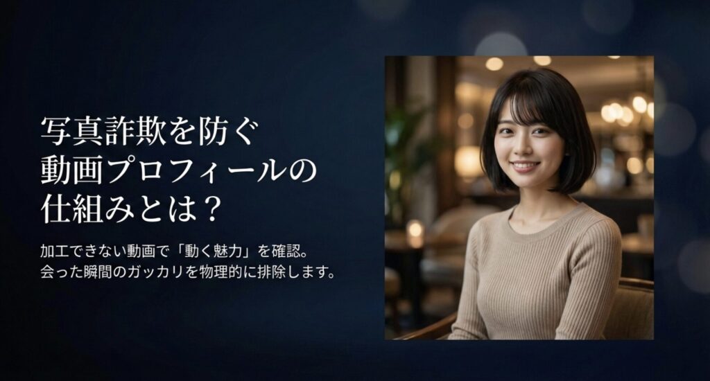 加工できない動画で「動く魅力」を確認し、会った瞬間のガッカリを物理的に排除する仕組みを解説するスライド。