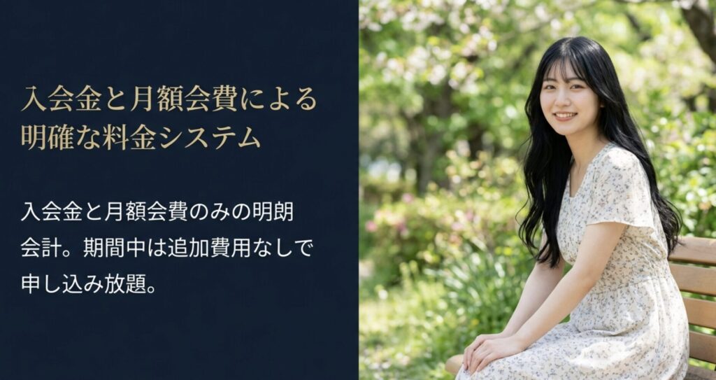 meeets（ミーツ）の入会金と月額会費による明確な料金システム。期間中は追加費用なしで申し込み放題。