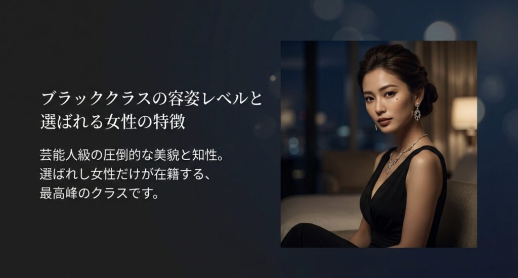 芸能人級の圧倒的な美貌と知性を兼ね備えた、最高峰のブラッククラスに在籍する女性の特徴を説明する資料。