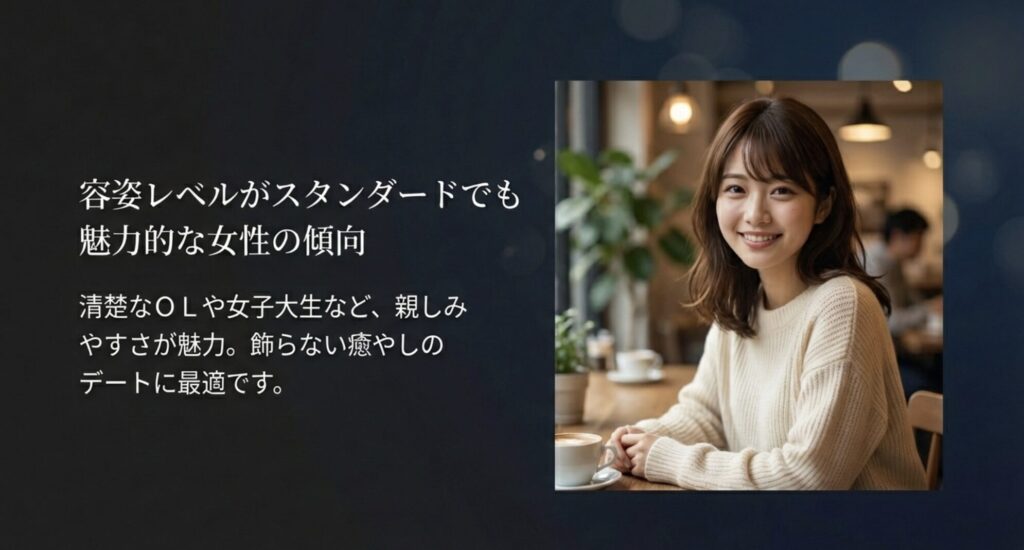 清楚なOLや女子大生など、親しみやすさが魅力のスタンダードクラスの女性傾向と癒やしのデートへの適性を紹介。