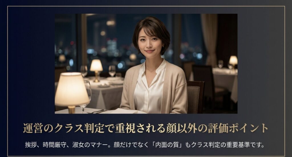 挨拶、時間厳守、淑女のマナーなど、顔だけでなく「内面の質」もクラス判定の重要基準であることを示すスライド。