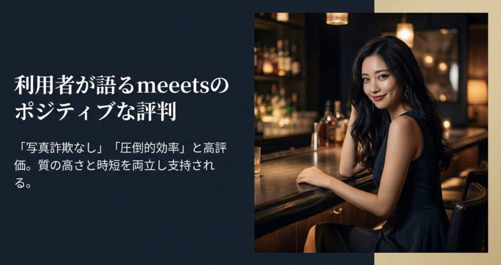 利用者が語るmeeets（ミーツ）のポジティブな評判。質の高さと時短を両立し、写真詐欺なし・圧倒的効率と高評価。