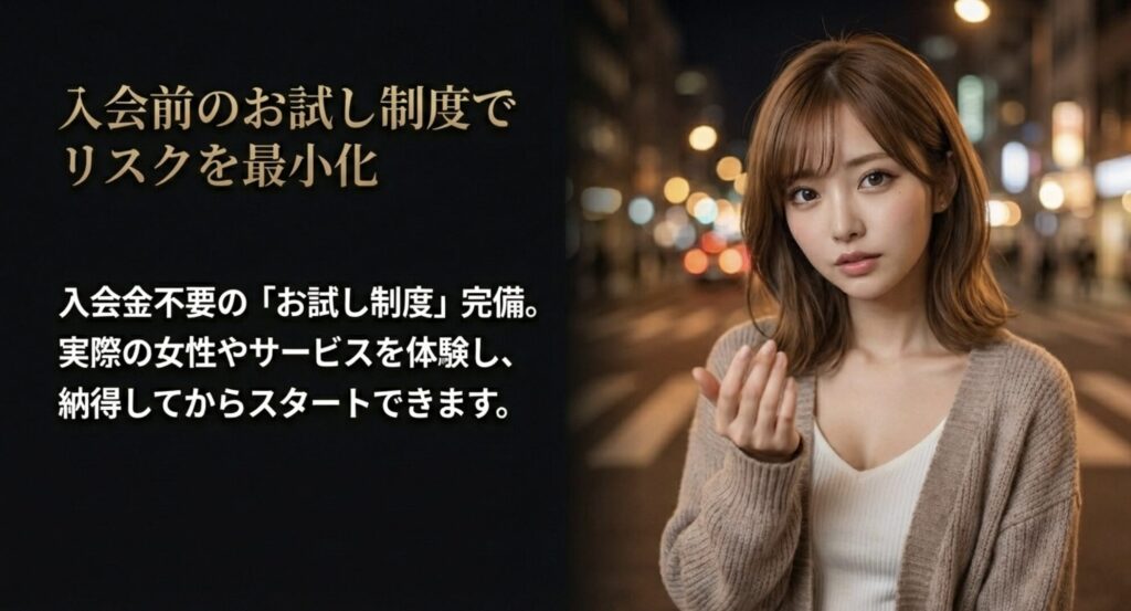 入会前に実際の女性やサービスをセッティング料のみで体験し、ミスマッチを防ぐ安心のお試し制度