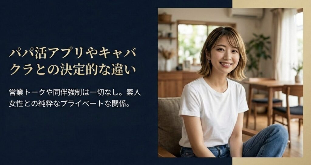 meeets（ミーツ）とパパ活アプリやキャバクラとの決定的な違い。営業トークや同伴強制は一切なし。素人女性との純粋な関係。