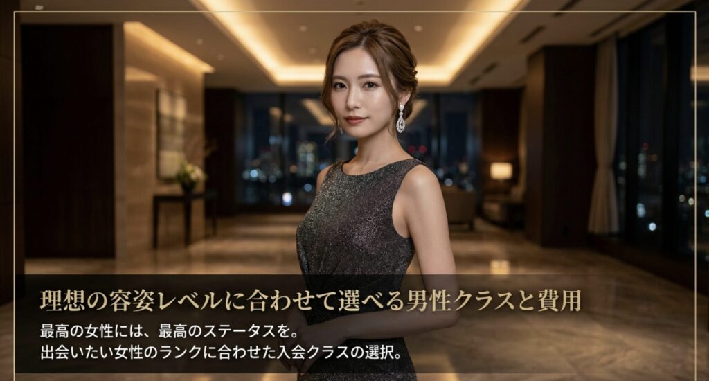 出会いたい女性のランクに合わせて男性も入会クラスを選択できる、ステータスに応じたシステムの説明。