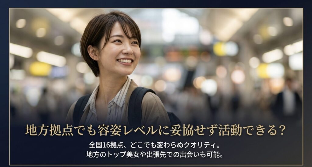 全国16拠点で展開し、地方のトップ美女や出張先でも変わらぬクオリティで出会えるチャンスがあることを示す資料。