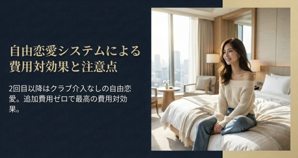 meeets（ミーツ）の自由恋愛システムによる費用対効果。2回目以降はクラブ介入なしの自由恋愛システムにより、追加費用ゼロ。