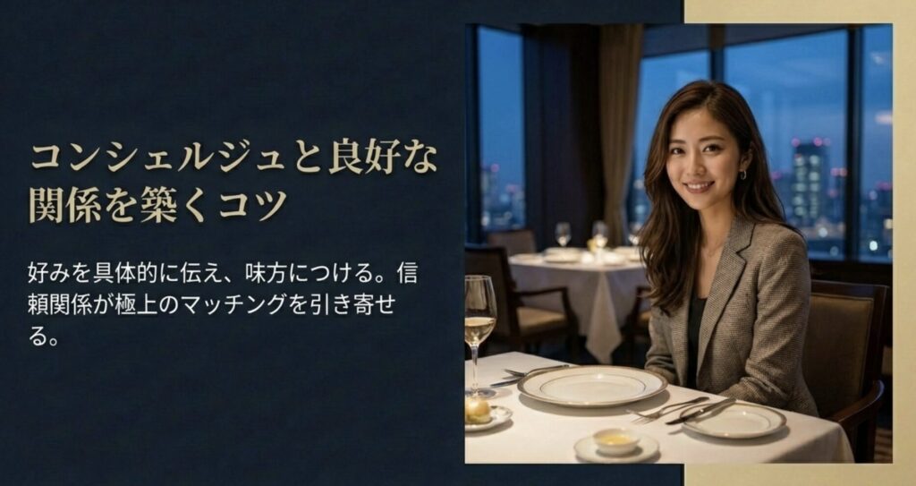 meeets（ミーツ）のコンシェルジュと良好な関係を築くコツ。好みを具体的に伝え、信頼関係を築くことが極上のマッチングを引き寄せる。