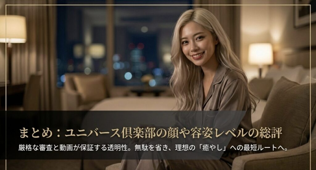 厳格な審査と動画が透明性を保証し、理想の「癒やし」への最短ルートであることを総括するスライド。