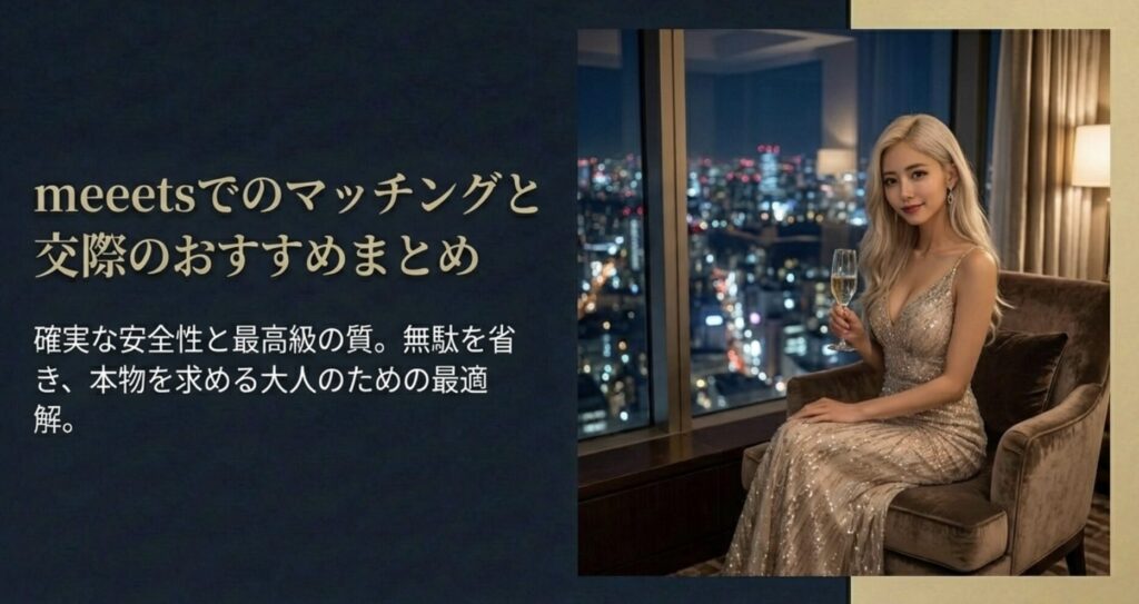 meeets（ミーツ）でのマッチングと交際のおすすめまとめ。確実な安全性と最高級の質を誇る、本物を求める大人のための最適解。