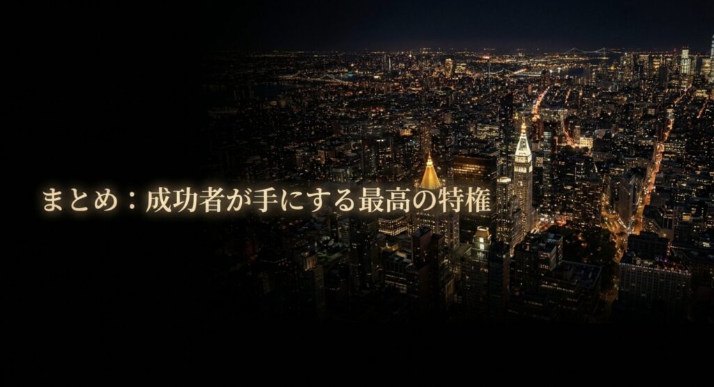 成功した男性が交際クラブで得られる特別な体験を夜景で表現したスライド