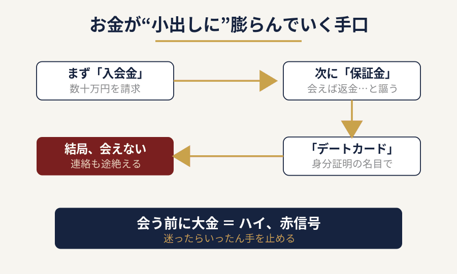 高額な入会金・保証金・デートカードを次々請求する悪質クラブの手口の図解
