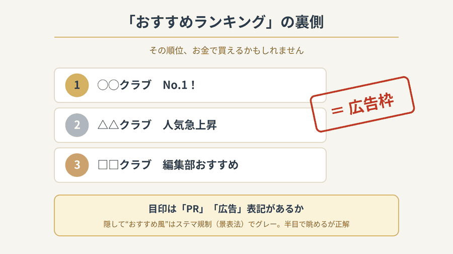 おすすめランキングの上位が広告枠であることと、PR表記の有無が目印になることを示した図