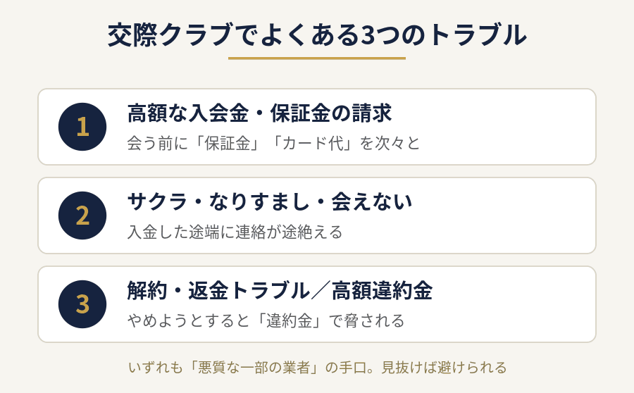 交際クラブで実際に多いトラブルの実態を整理した図