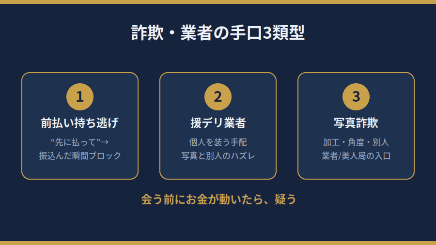 パパ活の詐欺・業者の手口3類型(前払い持ち逃げ・援デリ業者・写真詐欺)