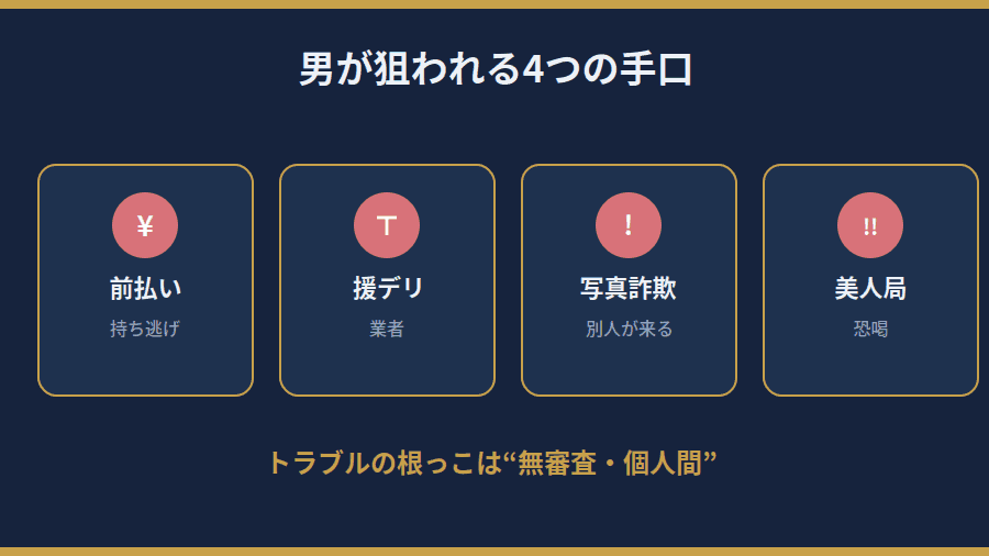 パパ活で男が狙われる詐欺・業者・美人局の代表的な手口の全体像
