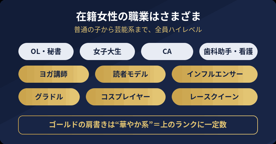 OLや女子大生から読者モデル・グラドル・コスプレイヤー・レースクイーンまで多彩な職業を並べた図